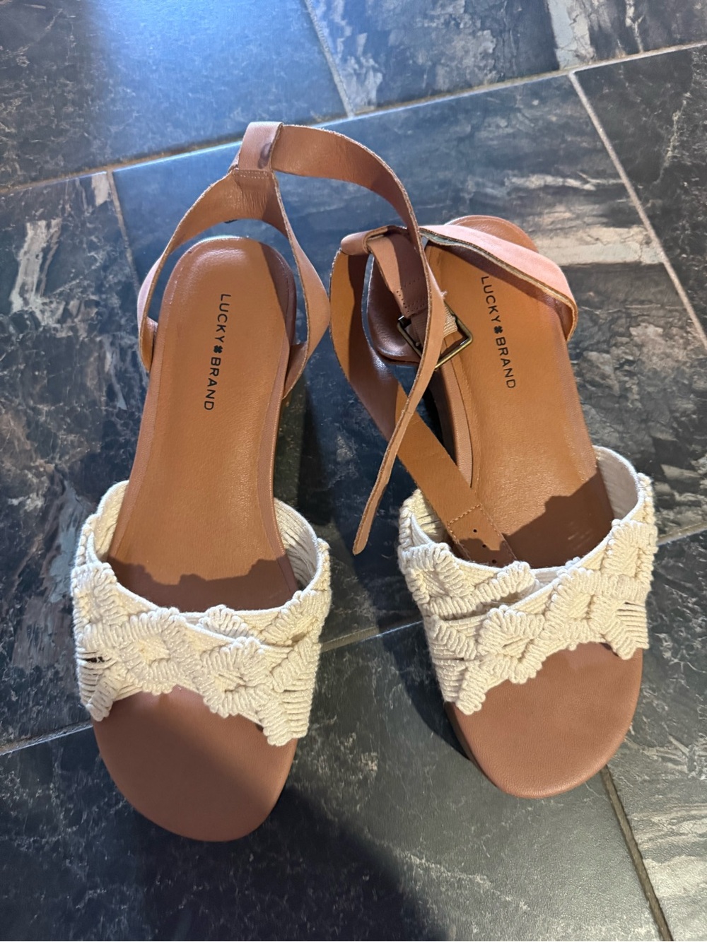 Lucky Brand Tan Sandal with Cream Crochet Front